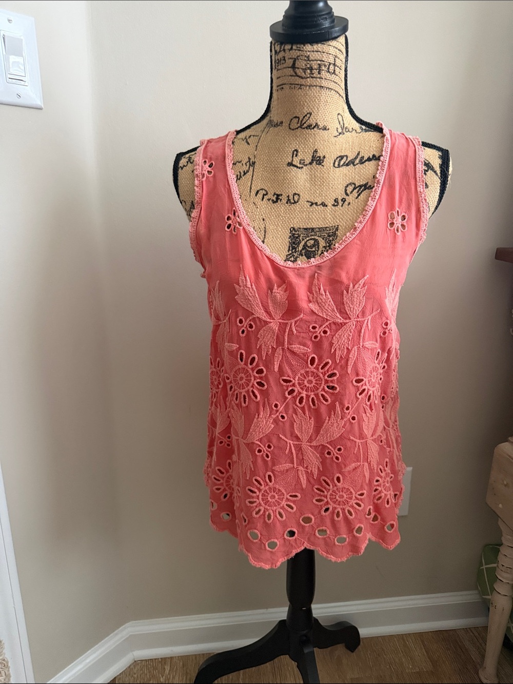 Johnny Was Coral Eyelet Floral Embroidered Tank